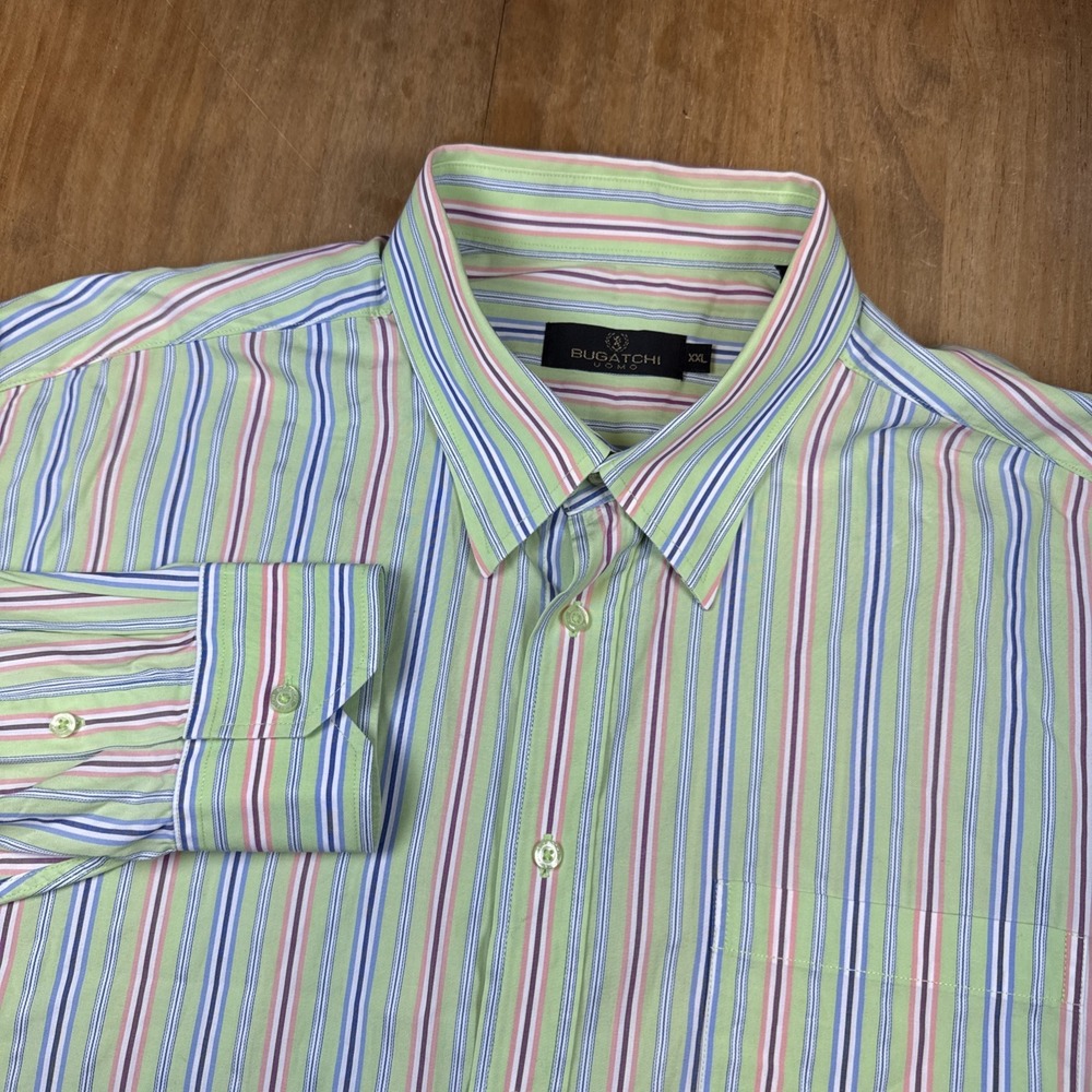 Bugatchi Uomo Long Sleeve Button‎ Down Shirt Mens XXL Green Multicolor Striped